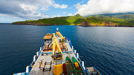 View of cargo hold during the Aranui 5 South Sea cruise at Marquesas Island of Tahuata, French Polynesia