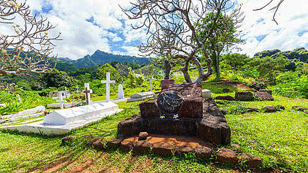 Famous cemetery where Paul Gaugin and Jacques Brel are buried on the Marquesas Island of Hiva Oa, French Polynesia